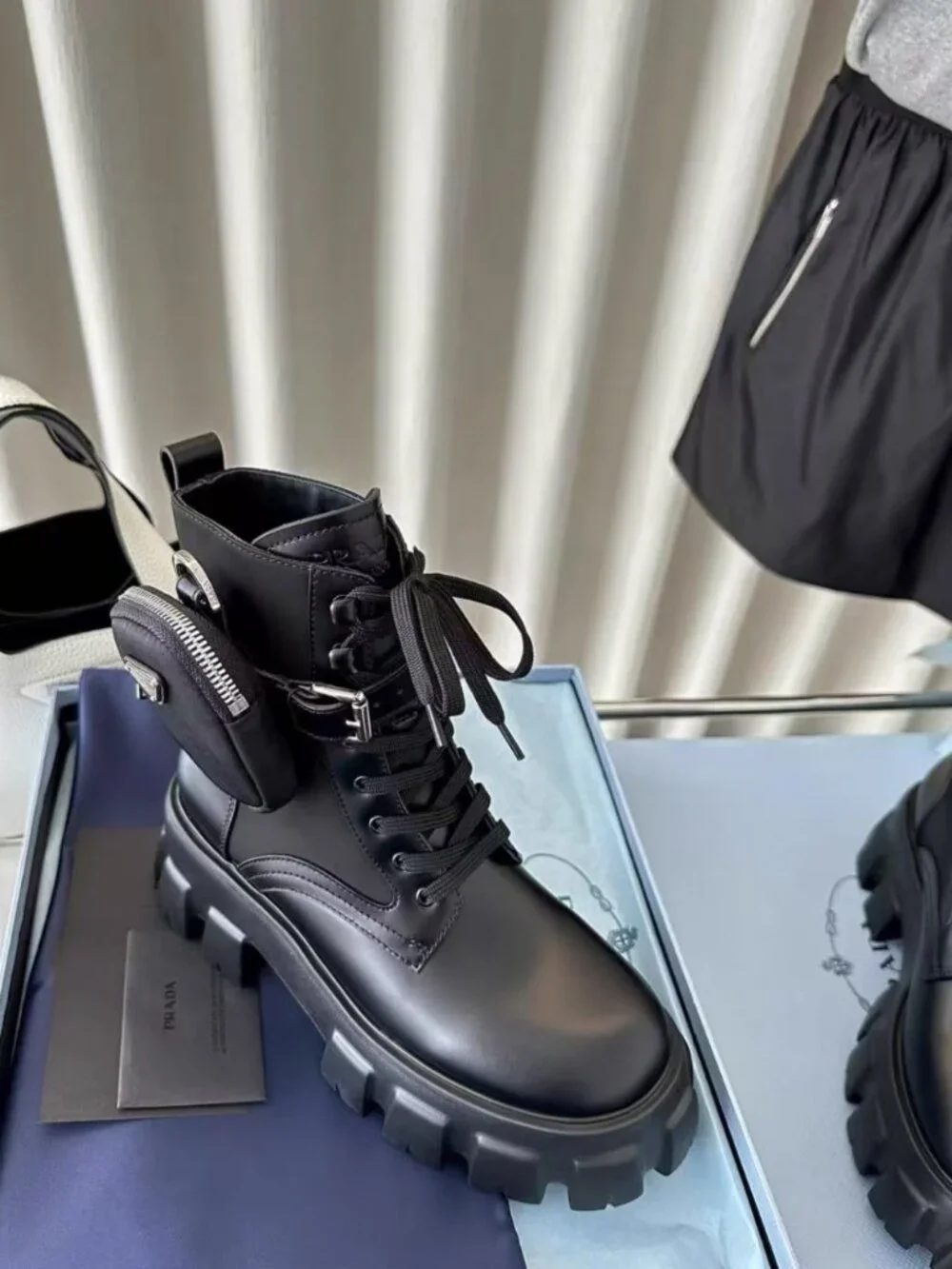 Prada Detachable Pocket Lug Sole Leather Combat Boots